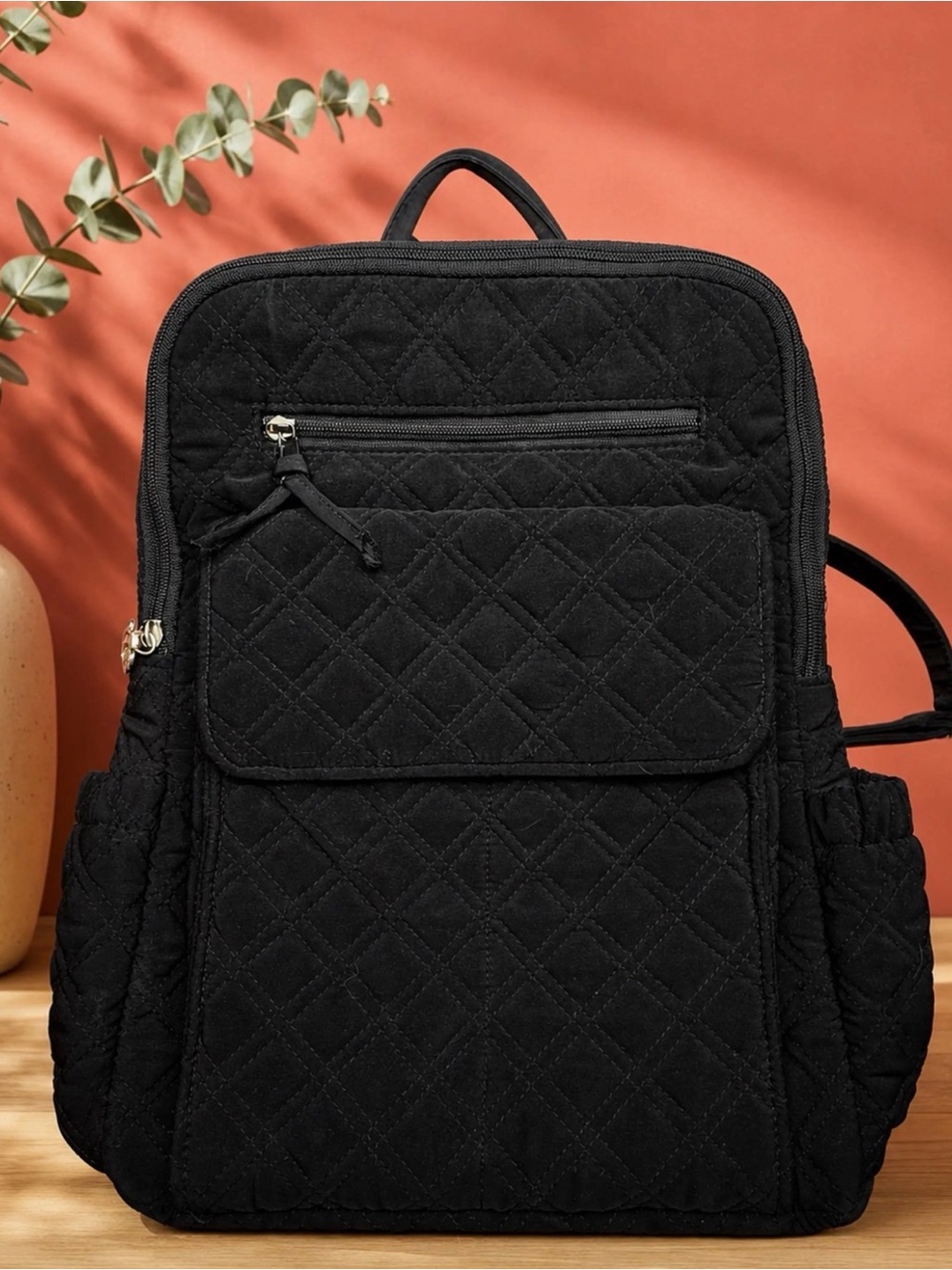 Vera Bradley Black Quilted Backpack Classic Multi Pocket Travel Bag